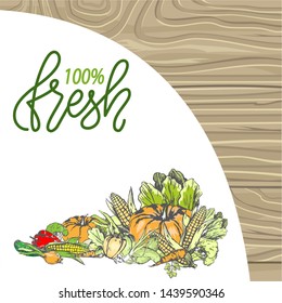 Natural products vector, bio food harvesting banner, corn and pepper, foliage and carrot pumpkin and onion meal fresh harvest organic fruits veggies. Logo for menu of bio products on wood background