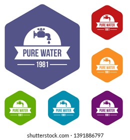 Natural pure water icons vector colorful hexahedron set collection isolated on white 