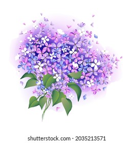 Natural purple lilac blossom with green leaves on sprigs isolated on white background. Botanical floral vector illustration.