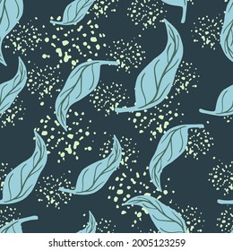 Natural random blue leaf tangerine seamless pattern in doodle style. Navy blue background with splashes. Designed for fabric design, textile print, wrapping, cover. Vector illustration.