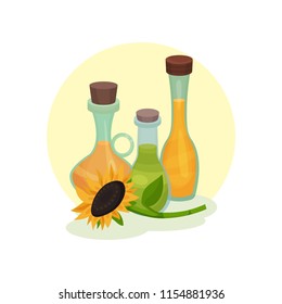 Natural rapeseed, sunflower and olive oil. Glass bottles with liquids. Cooking ingredients. Flat vector element for product advertising