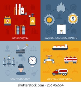 Natural Raw Gas Industry Production Transportation And Consumption 4 Flat Icons Composition Design Abstract Isolated Vector Illustration