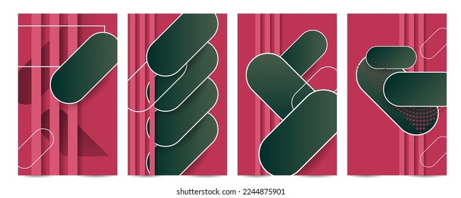 Natural real pink Viva Magenta color tones card templates set. Collection of romantic invitations with abstraction background lines and dots