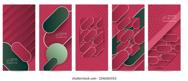 Natural real pink Viva Magenta color tones card templates set. Collection of romantic invitations with abstraction background lines and dots