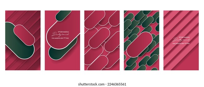 Natural real pink Viva Magenta color tones card templates set. Collection of romantic invitations with abstraction background lines and dots