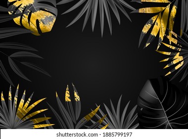 Natural Realistic Black and Gold Palm Leaf Tropical Background. Vector illustration