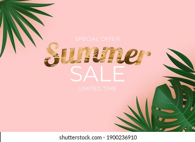 Natural Realistic Black and Gold Palm Leaf Tropical Background. Summer Sale Concept. Vector illustration