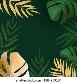 Natural Realistic Green and Gold Palm Leaf Tropical Background. Vector illustration