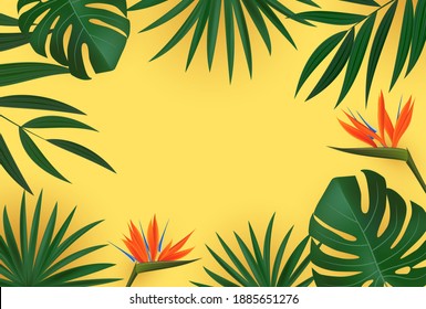 Natural Realistic Green Palm Leaf with Strelitzia Flower Tropical Background. Vector illustration