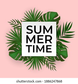 Natural Realistic Green Palm Leaf Tropical Background. Summer Time Concept. Template  for advertising, web, social media and fashion ads. Vector illustration