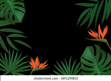 Natural Realistic Green Palm Leaf with Strelitzia Flower Tropical Background. Vector illustration