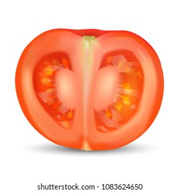 Natural realistic organic tomato cut in half slice. Red tomatoes seeds. Vector EPS 10.