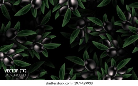 Natural Realistic pattern background with olive and leaves vector design Colorful dark background. Trendy repeat texture print wallpaper. Nature concept