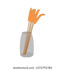 Natural reeds in the ceramic vase. Boho illustration of reeds in a vase