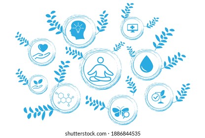 Natural relaxation icon concept - blue mindful living, awareness, stress relief - vector illustration