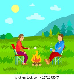 Natural relaxation in mountain area vector, people on vacation in summer. Man and woman melting marshmallow on sticks, sunny day and greenery of forest