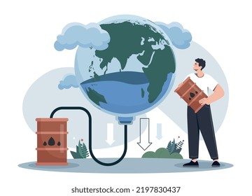 Natural resource depletion. Man shows gas and oil in barrels. Motivational poster or banner for ecological website. Caring for nature and reducing hazardous waste. Cartoon flat vector illustration