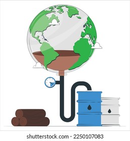 Natural resource depletion vector, canister with liquid pumped from Earth planet, container with pipe and spilled water, environmental problems poster. Concept for Earth day