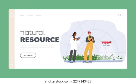 Natural Resource Landing Page Template. Farmer Characters Manage Smart Farm or Greenhouse With Drone Technology. Agricultural Automation, Quadcopter Watering Plants. Cartoon Vector Illustration