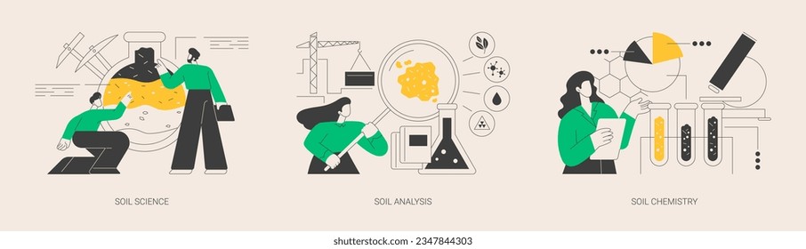 Natural resource study abstract concept vector illustration set. Soil science, analysis and chemistry, land management, soil test, laboratory service, pollution level, agriculture abstract metaphor.