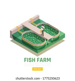 Natural resources aquaculture isometric web page element with fish farm production worker feeding fingerlings vector illustration 