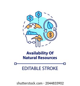 Natural resources availability concept icon. Energy security component idea thin line illustration. Renewable resources. Consumption levels. Vector isolated outline RGB color drawing. Editable stroke