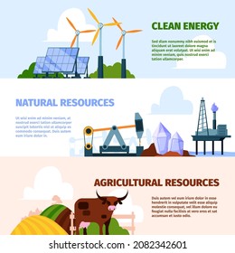 Natural Resources Banners. Eco Friendly Environment With Natural Resources Oil Water Energy Power Plant Gas And Water Minerals Garish Vector Template For Print Design Projects