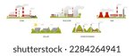 Natural Resources with Coal, Nuclear, Gas, Solar and Hydrothermic Power Plant Vector Set