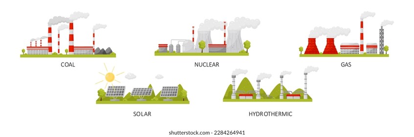 Natural Resources with Coal, Nuclear, Gas, Solar and Hydrothermic Power Plant Vector Set