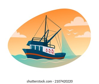 Natural resources concept. Colorful poster with ship, sea and fishing net. Fish and seafood industry. Design for apps and printing. Cartoon flat vector illustration isolated on white background