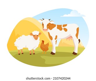 Natural resources concept  Colorful poster and cow  chicken   sheep  Sources milk  eggs   wool  Agriculture farm animals  Cartoon flat vector illustration isolated white background