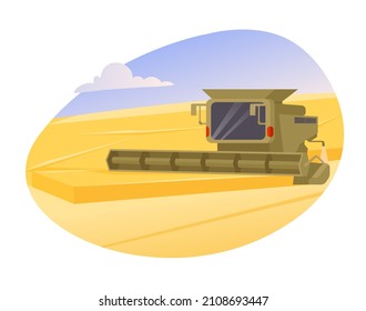 Natural resources concept. Large field of wheat. Agricultural combine harvester collects ripe ears of grain crops. Food or plants. Cartoon flat vector illustration isolated on white background