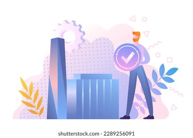 Konzept der natürlichen Ressourcen. Der Mensch inspiziert Fabrik und überprüft die Schadstoffemissionen in die Atmosphäre. Umweltfreundliche Produktion, nachhaltiger Lebensstil. Cartoon-Flavektor-Vektorgrafik
