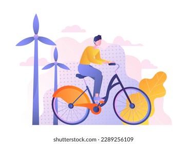 Natural resources concept. Man rides bicycle in front of windmills. Alternative energy sources and sustainable lifestyle. Caring for ecology and environment. Cartoon flat vector illustration