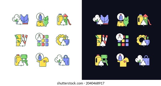 Natural resources conservation light and dark theme RGB color icons set. Reuse plastic products. Zero waste. Isolated vector illustrations on white and black space. Simple filled line drawings pack
