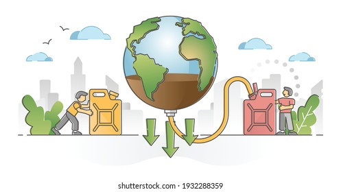 Natural resources depletion and planet reserves exhaustion outline concept. Ecosystem destruction with oil consumption industry vector illustration. Climate impact from fossil source pumping process.