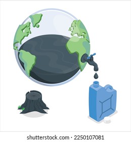 Natural resources depletion and planet reserves exhaustion outline concept. Ecosystem destruction with oil consumption industry vector illustration. Climate impact from fossil source pumping process.