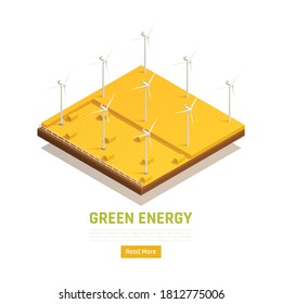 Natural resources green energy isometric web element with wind turbines located in agricultural field vector illustration 