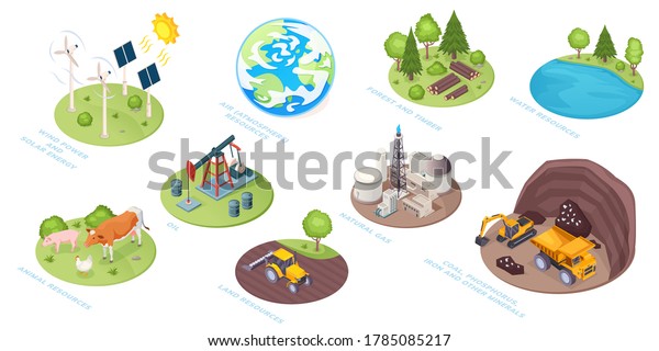 Natural resources icons, eco nature and\
renewable energy sources, vector isometric. Natural resources of\
water, sun and wind, natural gas and coal, land and animal, air\
atmosphere and forest\
materials