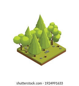 Natural resources isometric composition with square piece of wild forest with trees vector illustration