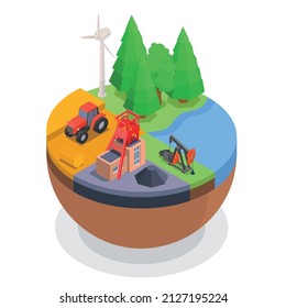 Concepto isométrico de los recursos naturales con la industria minera de la agricultura del agua forestal 3d ilustración vectorial