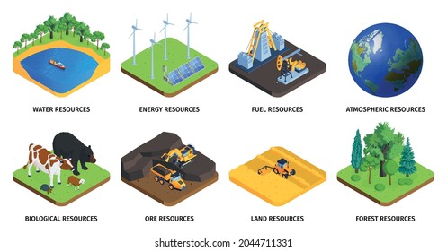 Natural resources isometric elements set with water energy land forest biological air wind minerals isolated vector illustration