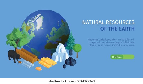 Natural resources isometric horizontal landing page banner with earth ball forest minerals animals water background vector illustration