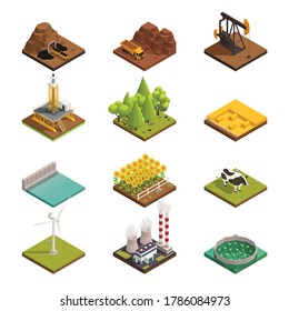 Natural resources isometric icons set with oil extraction coal mining harvesting crops wind turbine fishery vector illustration