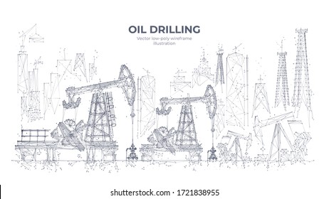 Natural resources mining equipment isolated in white background. Abstract polygonal panorama. 3d oil drilling rigs and pumpjacks. Vector sketch drawing. Oil industry concept
