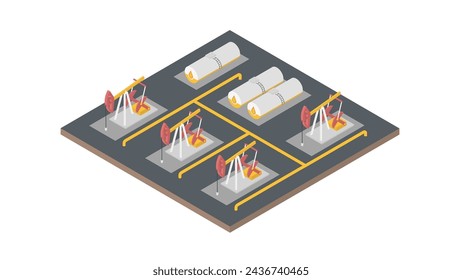 Página web isométrica de la unidad de bombeo de la tecnología del campo petrolífero de los recursos naturales con las bombas y los barriles ilustración vectorial.