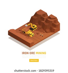 Natural resources open pit mining isometric element with excavator gathering and loading iron ore deposits vector illustration