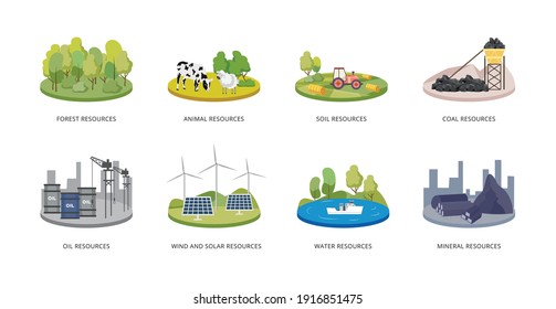 Natural resources set - forest and animals, water and minerals, wind and solar energy, coal and oil power. Vector isolated illustrations for eco design.