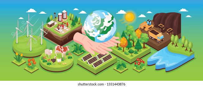 Natural resources sustainable energy sources narrow isometric composition banner with windmills solar panels oil extraction vector illustration   