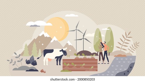 Natural resources sustainable and friendly consumption tiny person concept. Scene with environmental forest, livestock, water and land usage vector illustration. Ecological and responsible farming.